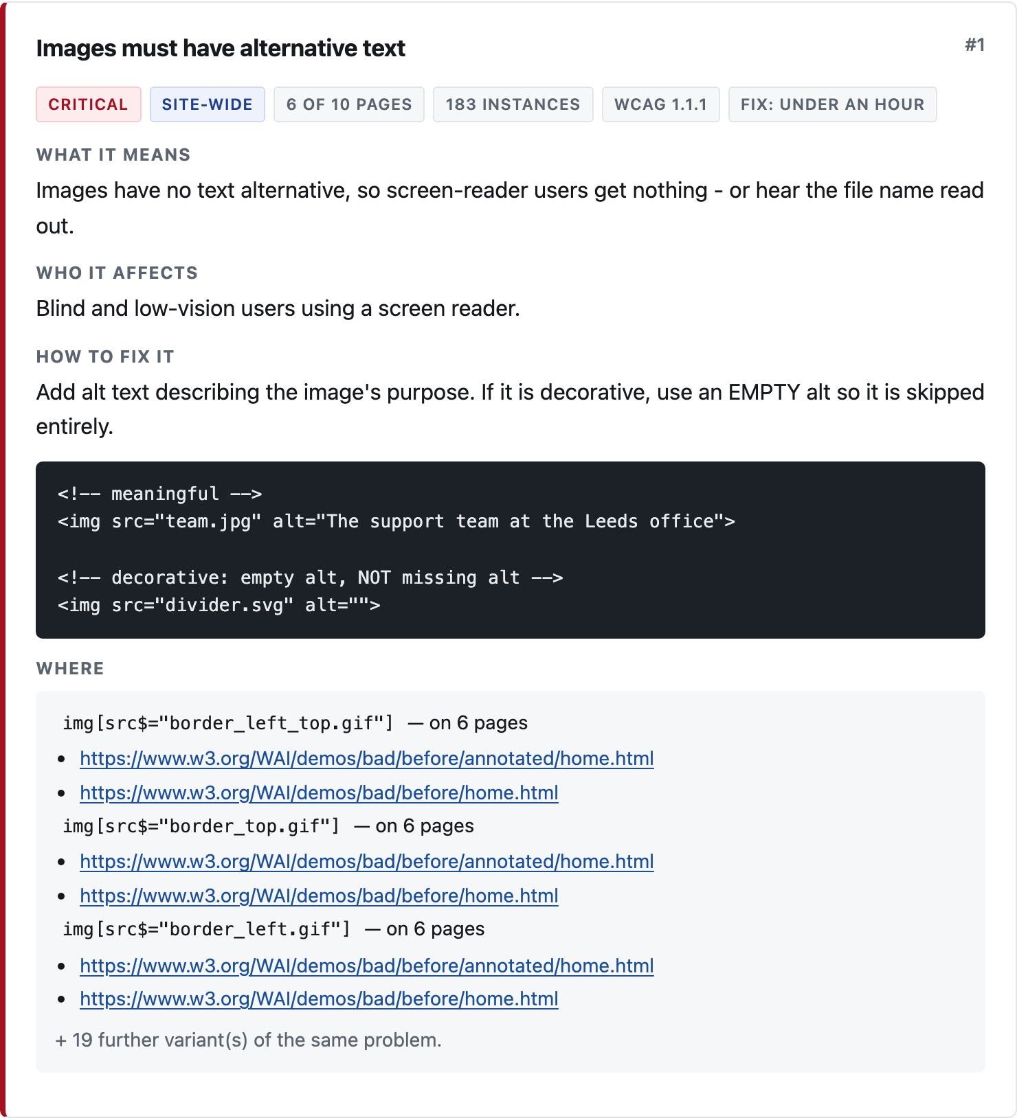 A single finding from the report: 'Images must have alternative text', marked critical and site-wide, with a plain-English explanation, who it affects, how to fix it, a code example and the pages where it occurs.